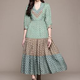 Ritu Kumar Ethnic Motifs Print Puff Sleeve Fit & Flare Midi Dress-91