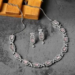 Zeneme Rhodium Plated AD Studded Necklace and Earrings Set-image-92