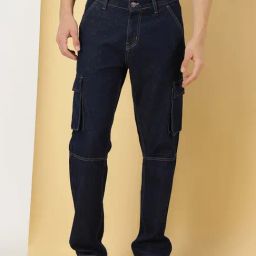 Thomas Scott Dark Blue Relaxed Fit Lightly Washed Cargo Jeans-image-80
