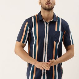 Campus Sutra Men Navy Blue & Peach-Coloured Cotton Striped Casual Shirt-9