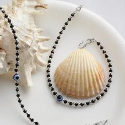 Panash Silver Plated Black & Blue Beaded Evil Eye Handcrafted Anklets Set of 2-11