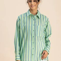 Moomaya Green Cotton Striped Shirt-image-56