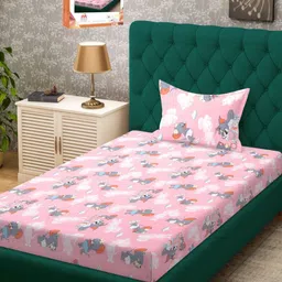Myntra Elegant Homes Pink & Grey Cartoon Characters 400 TC Single Bedsheet with 1 Pillow Covers-image-63