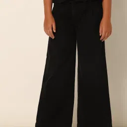 VERO MODA GIRL Black Solid Wide Leg Jeans with Belt-image-69