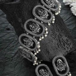 Panash Silver Toned Oxidized Antique Temple Choker & Earrings Set-image-67