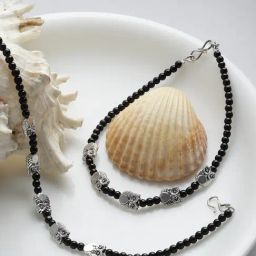 Panash Silver Plated Black Beaded Owl Shaped Handcrafted Anklets Set of 2-image-56
