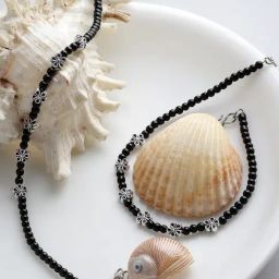 Panash Silver Plated Black Beaded Floral Handcrafted Anklets Set of 2-image-11