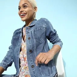 Roadster Women Stunning Blue Solid Denim Trucker Jacket-image-69