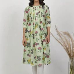 W Green Cotton Printed A Line Kurta-image-79