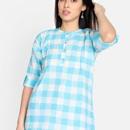 Resha Women Blue Checked Handloom Shirt Style Top-picture-22
