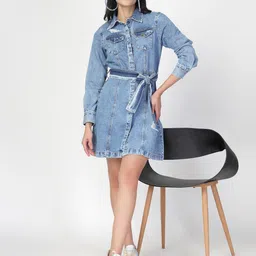 COSMIC TRIO Belted Denim Cotton Shirt Dress-picture-4