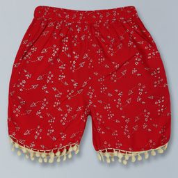 Kiddopanti Seamless Stars & Airplanes Foil Printed With Pom Pom Lace Embellished Shorts - Red-image-85