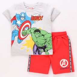 Babyhug Marvel 100% Cotton Knit  Half Sleeves T-Shirt & Shorts With Avengers Graphics - Grey & Red-image-90