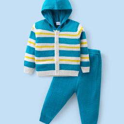 Babyhug Knitted Full Sleeves Striped Hooded Sweater Set - Blue & Yellow-image-64