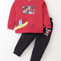 Mini Donuts Cotton Knit Full Sleeves T-Shirt & Lounge Pants Set With Skate Board Print - Red-image-15