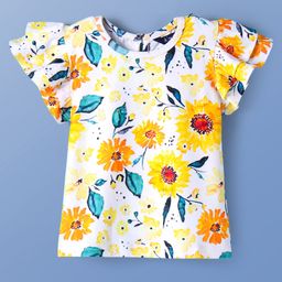 Pine Kids Knit Half Flutter Sleeves Top with Floral Print- White-picture-26