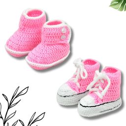 Funkrafts Pack Of 2 Handmade Crochet Woollen Solid and Color Block Baby Booties - Pink-1