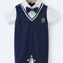 Mark & Mia Cotton Half Sleeves Jumpsuit with Bow Applique - Navy Blue-image-90