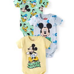 Babyhug Disney Interlock Knit Half Sleeves Onesies With Mickey Mouse Graphics Pack of 3 - Yellow Grey & Green-image-63