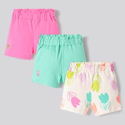 Bonfino 100% Cotton Knit Shorts With Floral Print & Embroidery Pack of 3 - Off White Neon Pink & Green-image-63