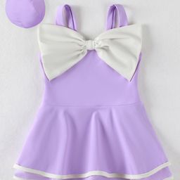 Babyhug Sleeveless Frock Swimsuit With Bow Applique & Swimming Cap - Purple-24