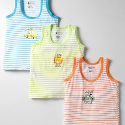 Bodycare Cotton Knit Sleeveless Vests With Stripes & Animal Print Pack Of 3 - Green Light Blue & Orange-27