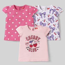Babyhug Cotton Knit Cap Sleeves T-Shirts with Hearts Cherry & Bow Print Pack of 3 - Pink & White-image-32