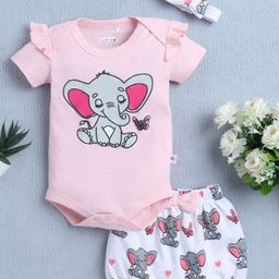 BUMZEE Cotton Knit Half Sleeves Elephant Printed Bodysuit & Shorts Set With Headband - Pink & White-image-32