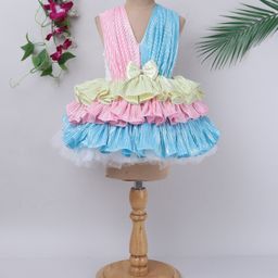 TINY MINY MEE Elastane Sleeveless Foil Printed Bow Applique Layered Dress - Multi Colour-image-79