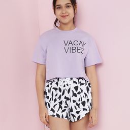 Lil Tomatoes Cotton Knit Half Sleeves Vacay Vibes Text Printed Top & Shorts Set - Lilac-picture-11