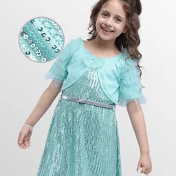 Hola Bonita Knit Half Ruffled Sleeves Party Dress with Shrug & Belt All Over Sequin Glitter & Mesh Detailing - Aqua Blue-picture-30