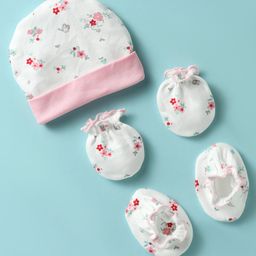 Ben Benny Interlock Knit Cap Mitten & Booties Set with Floral Print White - Diameter 10 cm-2