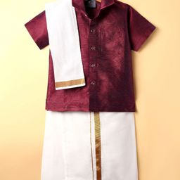 Dapper Dudes Half Sleeves Textured Shirt With Mundu & Angavastram Set - Maroon-picture-9