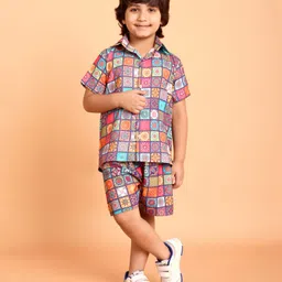 Tilism Knit Half Sleeves Mandala Printed Coordinating Shirt & Shorts Night Suit Set - Multi Colour-picture-15