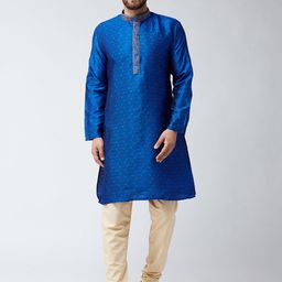 SOJANYA Men Blue & Beige Self Design Kurta with Churidar-26