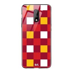 DailyObjects Red & Yellow Quartet Checks 2 OnePlus 7 Glass Case image 1