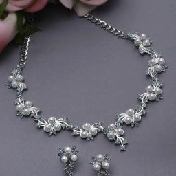 Zeneme Silver Plated Cubic Zirconia Pearl Beaded Necklace and Earrings Set-image-42
