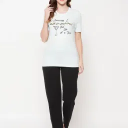 Clovia White & Black Graphic Print T-Shirt with Pyjamas-image-44