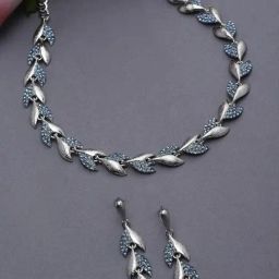 Zeneme Silver Plated Cubic Zirconia Studded Leaf Shaped Jewellery Set-8