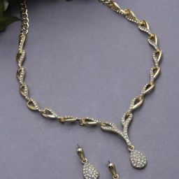 Zeneme Gold Plated Cubic Zirconia Studded Teardrop Shaped Jewellery Set-15