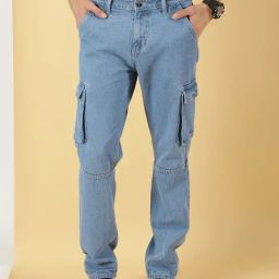 Thomas Scott Light Blue Relaxed Fit Lightly Washed Cargo Jeans-image-85