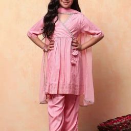 Biba Girls Peach Embellished Kurta set-picture-20