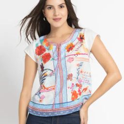 SHAYE White Linen Floral Print Top-image-83