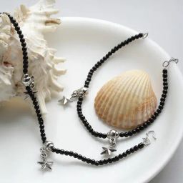 Panash Oxidized Silver Plated Black Beaded Star Shaped Handcrafted Anklets Set of 2-26