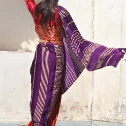 Chidiyaa Purple & Red Block Printed Modal Silk Saree image 4