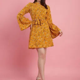 JAKANARY Floral Print Bell Sleeve Georgette A-Line Midi Dress-image-61
