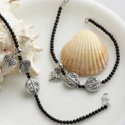 Panash Oxidized Silver Plated Black Beaded Paisley Shaped Handcrafted Anklets Set of 2-4