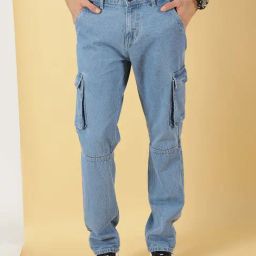Thomas Scott Light Blue Relaxed Fit Lightly Washed Cargo Jeans-image-17