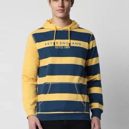 Peter England Yellow Regular Fit Striped Hooded Sweatshirt-image-33