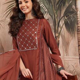 Sangria Foil Print Panelled Gotta Patti Kurta with Trousers & Dupatta-image-42